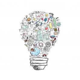 Drawn light bulb with many business symbols